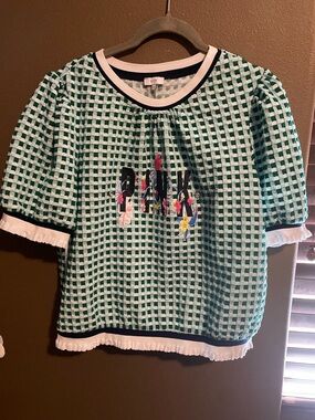 Hand crafted Green Plaid Ruffle Trim Top